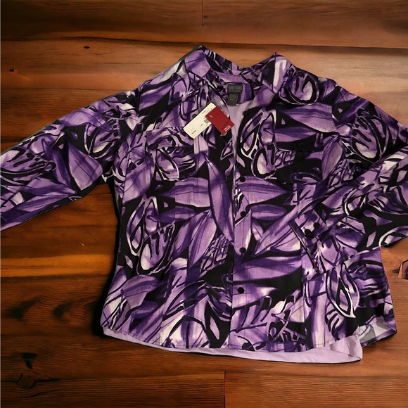 Chicos Top Jacket Ocean Leaves Purple with purple Under Shirt Womens Size 3 - Picture 1 of 9